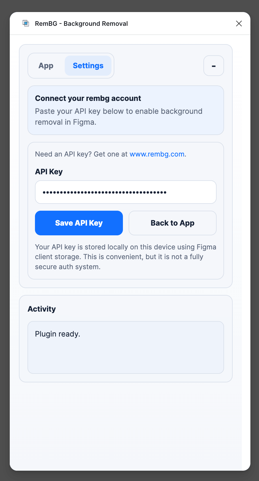 RemBG Figma plugin settings screenshot