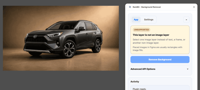 Unsupported layer selected in the RemBG Figma plugin